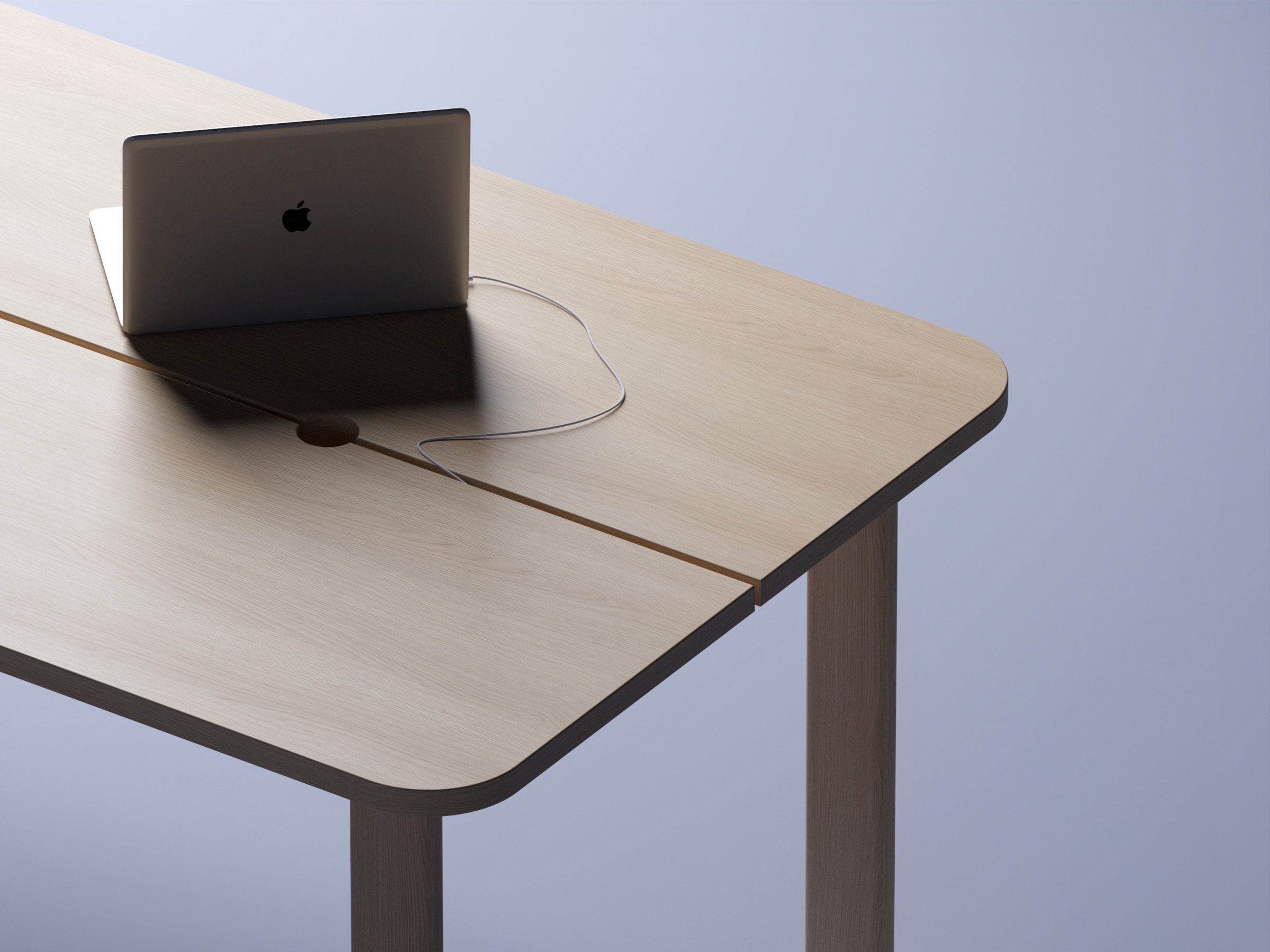 Desk - office table made of wood with simple solution for cable management - macbook pro