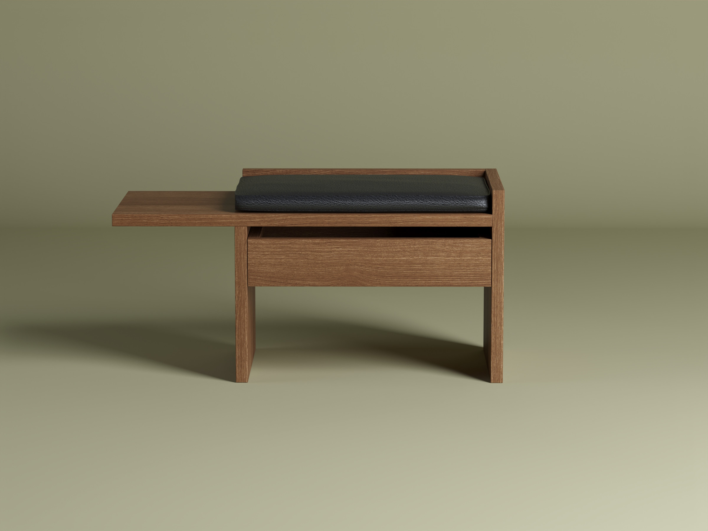 Sit - small wooden bench with a pillow and a drawer - front view